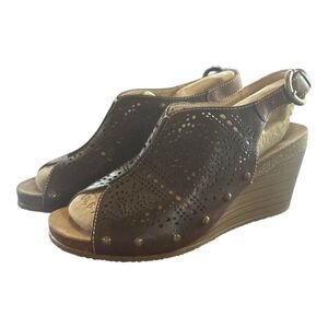 Pikolinos Leather Slingback Wedge Sandals Brown Laser Cut Studded Boho Size 41